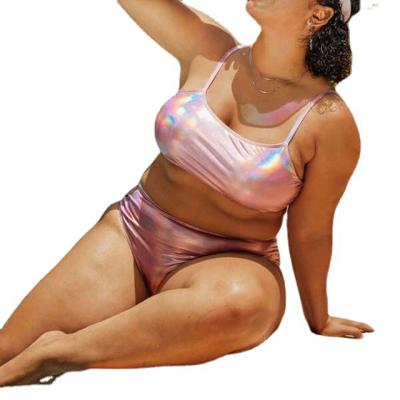 China 4XL Breathable Two Pieces Plus Size Swimsuit Pink Pu Leather Shiny Reflective Bikini Women Clothing for sale