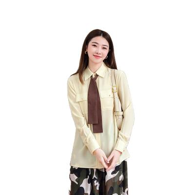 China Fashion Anti-Pilling Women's Long Sleeve Bow Tie Casual Solid Color Retro Silk Single Shirt for sale