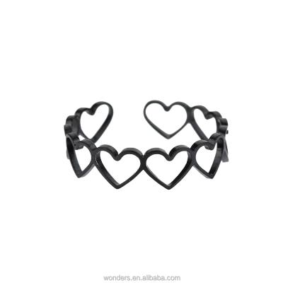 China Black Gold Plated Open Finger Lover Couples Heart Shaped Ring Hollow Adjustable Romantic Cute Stainless Steel Women Heart Rings for sale