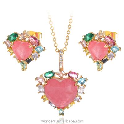 China 2021 Trendy Hearts Romantic Wedding Crystal Rhinestone Necklace Earrings Bridal Accessories Rainbow Set for sale