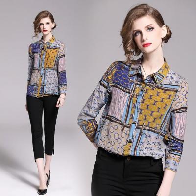 China Wholesale Price Anti-pilling Women Fashion Ready Made Printed Blouse 2021 Latest Design Turn Down Collar Simple Casual Elegant Long Sleeve for sale