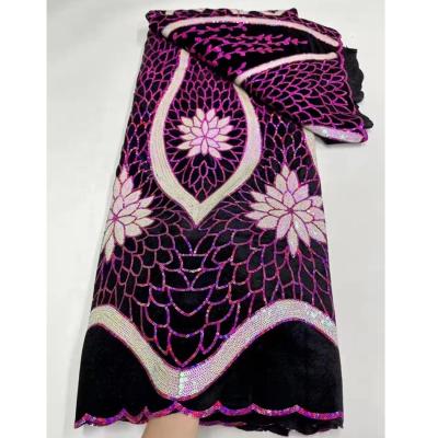 China Viable African Velvet Lace Fabric With Sequins Embroidery Purple Color French Nigeria Tulle Lace Fabric For Dress Dress for sale