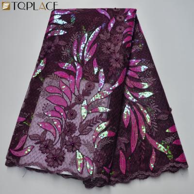 China Latest Double Organza French Lace Textile Viable Nigerian Lace Fabric With Sequins And Beads For Asobie Party for sale