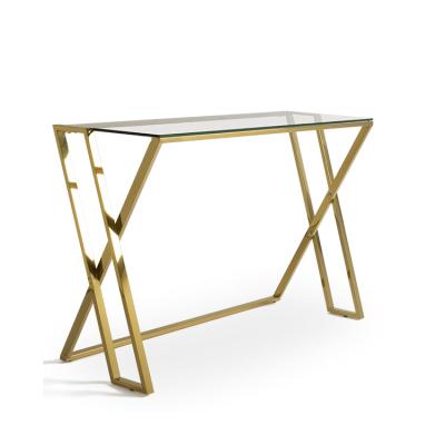 China 2021 Modern Luxury Chinese Minimalist Corridor Stainless Steel Console Table Long Gold Frame And Glass Top Customized for sale