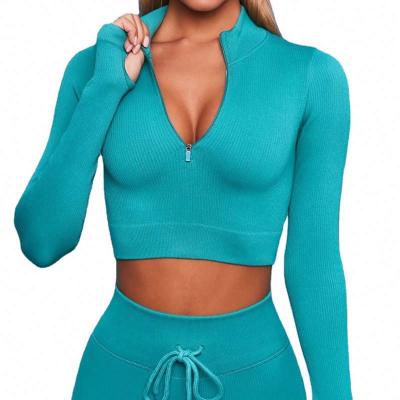 China Breathable Hot Selling Custom 2 Piece Set Long Sleeve High Collar Yoga Fitness Sweat Absorption Dry Running Yoga Suit Quickly For Running for sale