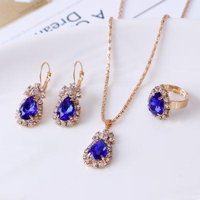 China European and American advanced fashion water drop faux stone necklace earrings ring wholesale three-piece set of bridal jewelry set for sale