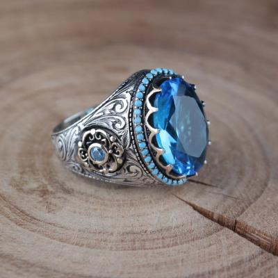 China New European and American blue border sea zircon ring men's ring fashion punk style inlaid the retro for sale