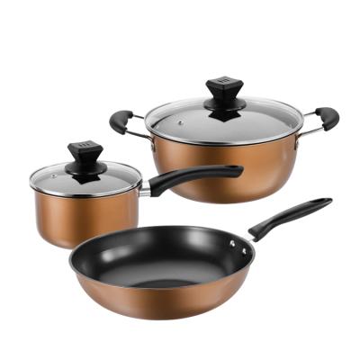 China Durable Iron Gold Color Non-Stick Kitchenware Set 3 Cooking Pot Set for sale