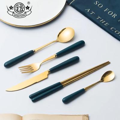 China Stored Flatware Set Green Gold Color 304 Stainless Steel Chopsticks for sale