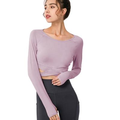 China Premium Sexy Women Ladies Solid Color Breathable Yoga Apparel Shirts Long Sleeves Yoga Top for sale