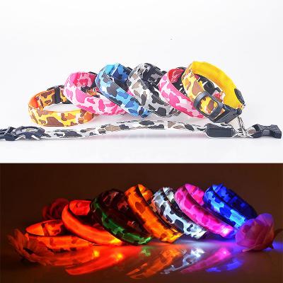 China Lights Camouflage Pattern Fluorescent Night Nylon Dog Collar Flash Light Dog Collar Anti-lost Led Para Perros for sale