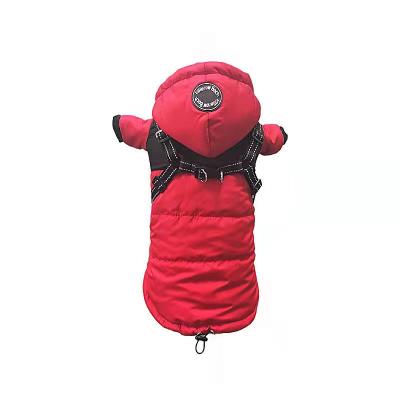 China Sustainable Outdoor Luxury Equipments Pulling Warm Pet Coat Padded Waterproof Stripper Winter Down Dog Jacket With Harness for sale