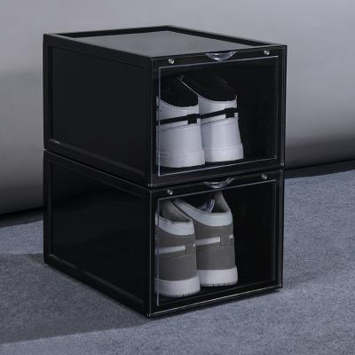 China Viable Drop Front Stackable Plastic Giant Customized Logo Shoe Storage Sneaker Box for sale