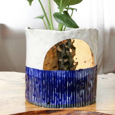 China New Arrival Eco-Friendly Eco-Friendly Exquisite Cylinder Blue And White Fancy Luxury Ceramic Planters For Home Decor for sale