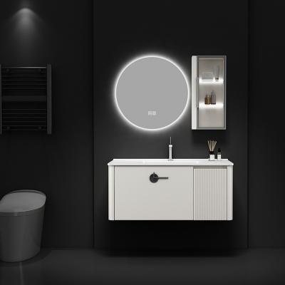 China Modern Modern Design Plywood Bathroom Vanity Cabinet In Grey Melamine Finish With Basin Mirror Set for sale