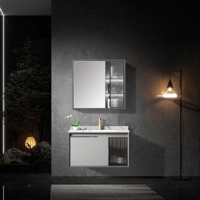 China Modern Nordic bathroom Double door cabinet and sink set aluminum bathroom vanity cabinet wash basin With mirror for sale