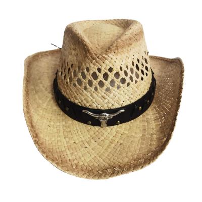 China Wholesale Picture Summer Raffia Straw Cowboy Hats Leather Belt Unisex Decoration Shaped Brim Mexican Sombreros Hat for sale