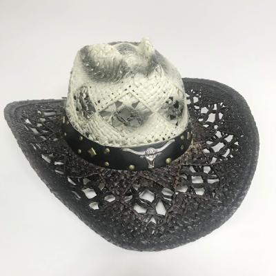 China Hot Picture 2021 Summer Sun Hats Hollow Out Cowboy Hat With Flip Up Brim Black Paper Straw Hat for sale