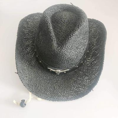 China Hot Sale Picture Summer Black Paper Straw Hat With String Party Straw Mexican Cowboy Hats for sale