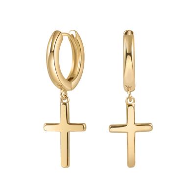 China 2021 Fashion Fine Jewelry Crucifix Hinged Dangle Huggie Earrings For Women 14K Christian Faith Cross Hoop Earrings Men's Gold Plated for sale