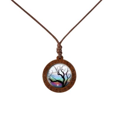 China Vintage Designed Fashion Jewelry Necklace For Women Girls Show Cabochon Jewelry Around Dome Glass Tree Of Life Wood Necklace for sale