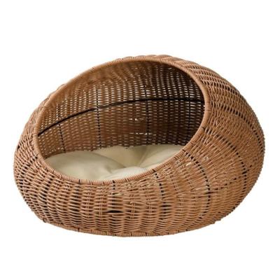 China Stocked Hand Made Plastic Rattan Round Pet Cat Bed With Soft Cushion For Cats Or Small Dogs And Pet Room for sale