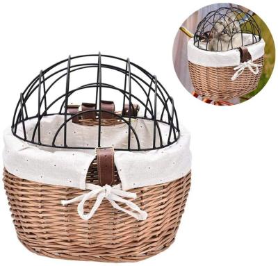 China Breathable Bike Pet Basket Wicker Pet Bicycle Basket With Iron Frame Portable Bicycle Pet Basket for sale