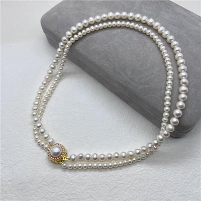 China Vintage N012 4A+ Double Layer Freshwater Pearl Nearly Round Natural White Pearl Necklace High Gloss Jewelry for sale