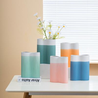 China Elegant Modern Luxury Stripe Color Planter Vase Minimalist Ceramic Vases For Home Decor for sale