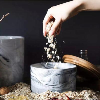 China Bulk Wholesale Cheap Price Cylinder Effect Kitchen Porcelain Tea Coffee Sugar Marbling Freshness Keeping Canisters With Bamboo Lid for sale