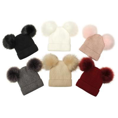 China JOINT Baby Kids Fleece Winter Striping Bobble Hat Ribbed Knit Custom Ski Beanie Adult Hat Wool Beanie for sale