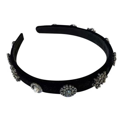 China Japan and Korean Style Korea Velvet Flower Jeweled Soft Black Super Fairy Hair Accessories Retro Rhinestone Net Circle Celebrity Hair Band for sale