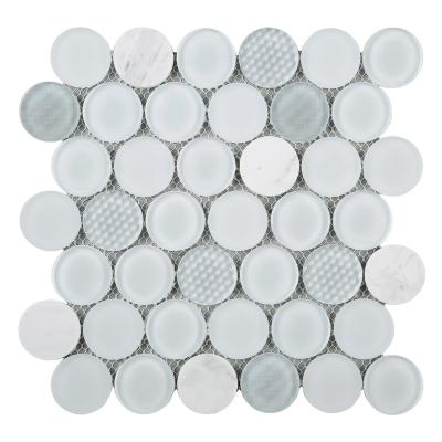 China Modern Luxury Wall Decoration Bathroom Backsplash Carrara White Penny Round 3d Glass Marble Mosaics Tile for sale