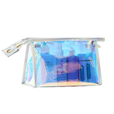 China Fashionable Made in Kaijie Logo Low MOQ PVC Cosmetic Bags Custom Clear Transparent Holographic Makeup Bag for Women for sale