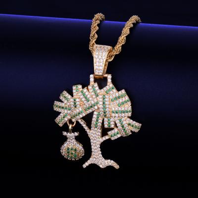 China TRENDY Hip Hop Jewelry Wholesale 18k Gold Plated Lucky Dollar Tree Shaped Pendant Necklace With Zircon for sale