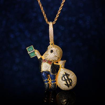 China FASHIONABLE Kid US Dollar Bill With Money Bag Colorful Zircon Hip Hop Pendant Necklace for sale