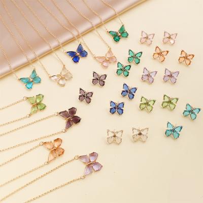 China TRENDY Wholesale Multi Colors Clear Pink Crystal Zircon Butterfly Necklace And Earring Set for sale