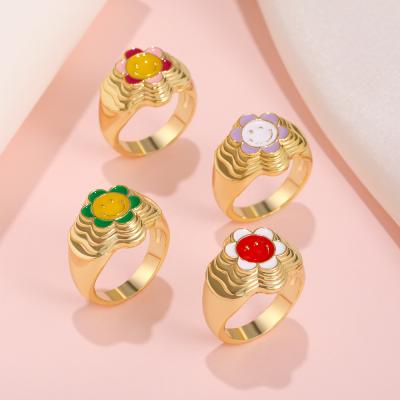 China Smiley Flower Drop Oil Ring CLASSIC Brass Color Preserving Ring Cute Chunky Smiley Face Gold Plated Ring for sale