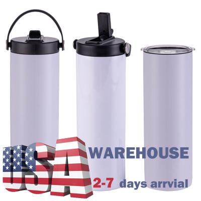 China Stocked USA Warehouse RTS 20oz Straight Sublimation Blanks Dual Lids Portable Stainless Steel Tumbler Sport Mug with Two Handle Lids for sale