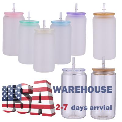 China Sublimation USA Warehouse Stocked RTS 16oz Sublimation Glass Can Clear Frosted Sublimation Blank Mason Soda Beer Cups White PP Bamboo Lid for sale