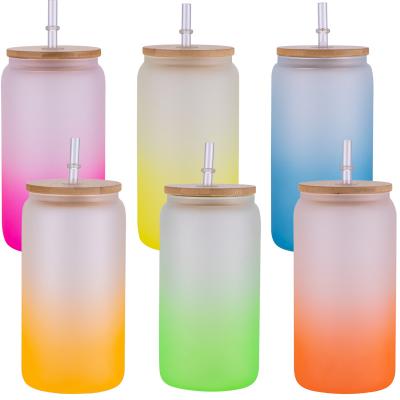 China Sublimation USA Warehouse Gradient Sublimation Mixed Color 16oz Glass Can Mason Can Bamboo Lid Bubble Tea  Frosted Can Sublimation Blank for sale