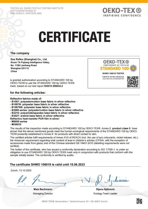 OEKO-TEX 100 - ESA Reflex (Shanghai) Co., Ltd.