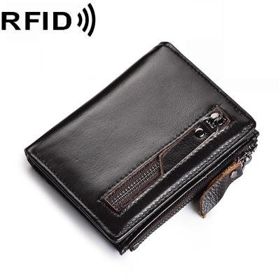 China JINGBAOLAI Genuine Leather Vintage Double Zipper Men's Short Zipper Wallet, Female Cow Leather Coin Purse Card Holder Case for sale