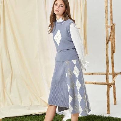 China New Designer Ladies Breathable Casual Skirt Girls Classic Ribbed Argyle Knitted Cashmere Long Skirts for sale