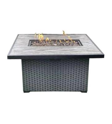 China Outdoor Fire Pit Table Plastic Wood Rectangular Wicker Table Weather Resistant Natural Gas Stocked Fire Pit And Dining Office Chair for sale