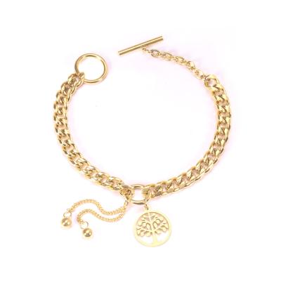 China TRENDY Tree Pendant Two Ball Chain Bracelets Gold Color Polished Stainless Steel Bracelet Women Chic Jewelry Extension Chain for sale