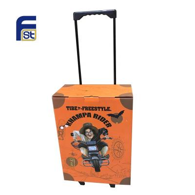 China Recycled Materials Color Logo Advertising Cardboard Trolley Box Printed On Wheel With Handle for sale