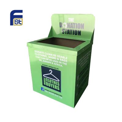 China Rectangle Recycled Green Printed Foldable Corrugated Cardboard Trash Can For Donation for sale