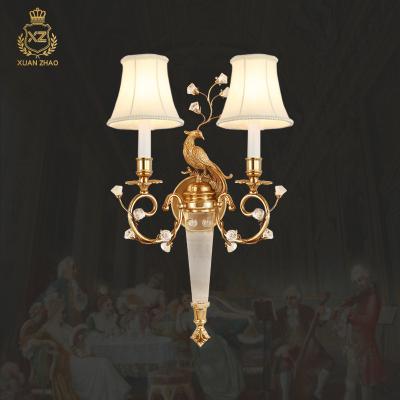 China EUROPEAN XingZhong Gold Lamp Bedroom Peacock Chinese Style Wall Lamp Brass Double Arm With Shade Classic Plaster Wall Light for sale