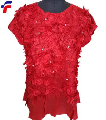 China 2021 Fall Party Anti-Shrink Polyester Women's Red Woven Pleat Top With Decorative Tendrils for sale